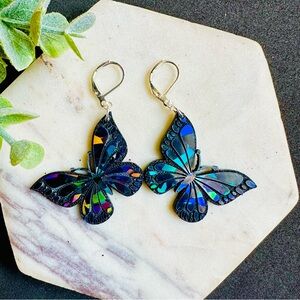 Black Holographic monarch butterfly earrings